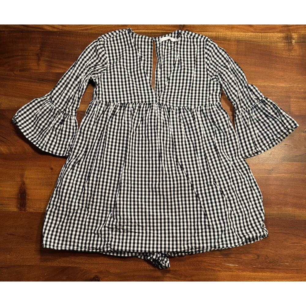 Zara Trafaluc Black White Gingham V-Neck Fit & Flare Romper Dress Sz XS
